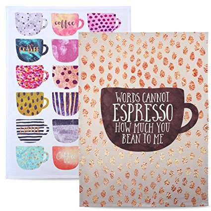 Create&Case Artistic & Colourful 100% Cotton Tea Towel / Dish Towel / Dish Cloth Set. Coffee design washable kitchen linen 18' x 26' (Coffee Cups)