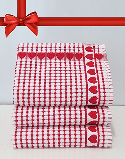 Kitchen Towels , Red Heart, Highly Absorbent, Low Lint, 100% Cotton Dish Towels, check print. Tea Towels, 19 x 31, Love Gift Towel. 3 Piece, Bleachable Towels from Roseberry Linen