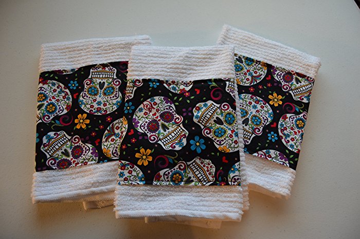 Handmade Set of 3 White Kitchen Dish Towels Sugar Skulls Day of the Dead