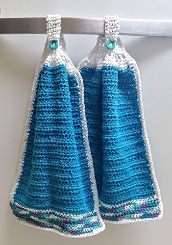 Hand Crocheted Button Hanging Cotton Hand Towels, Turquoise, for Kitchen, Patio, Motorhome, Camping, set of 2